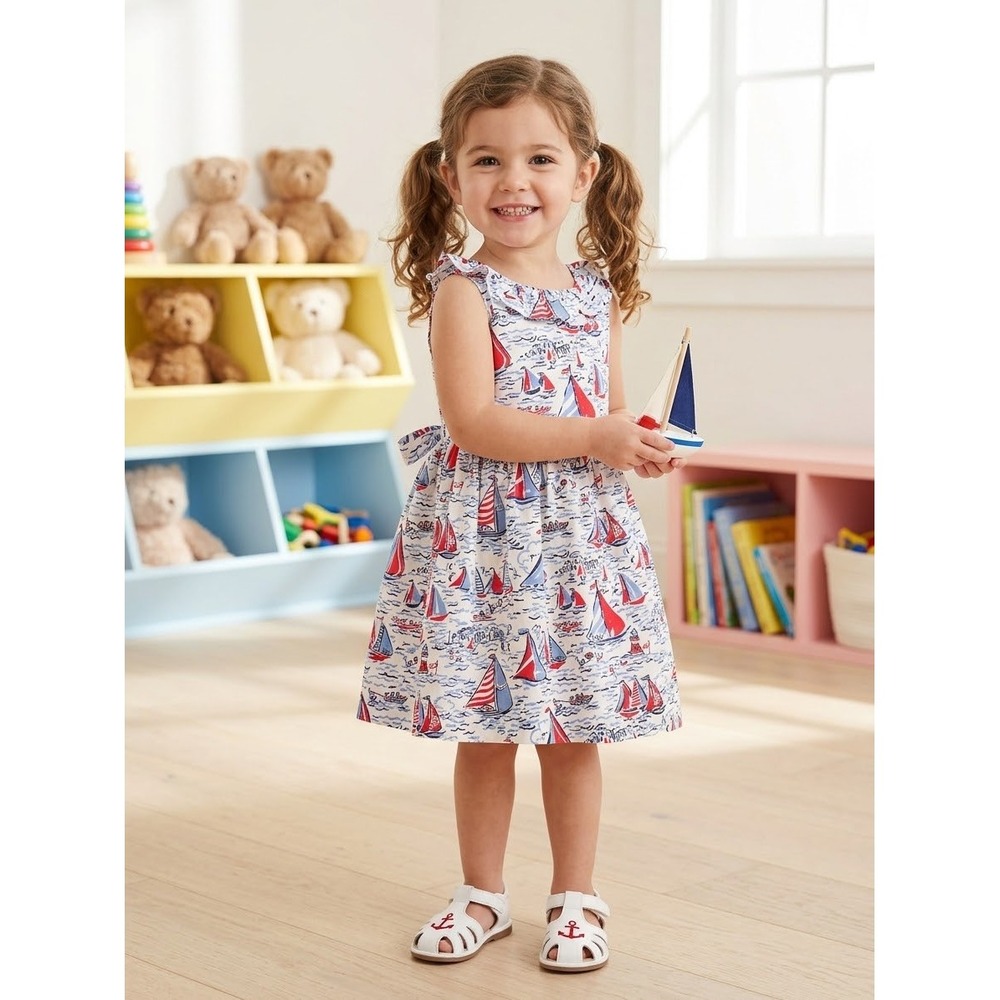 CPC Childrenswear Sailboat Dress Kids 4T White Red Blue Exc Nautical Ruffle